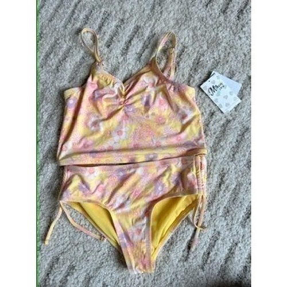 Miken‎ Swim Girls Yellow Floral Tankini Two Piece Swimsuit Set Size 14 NWT